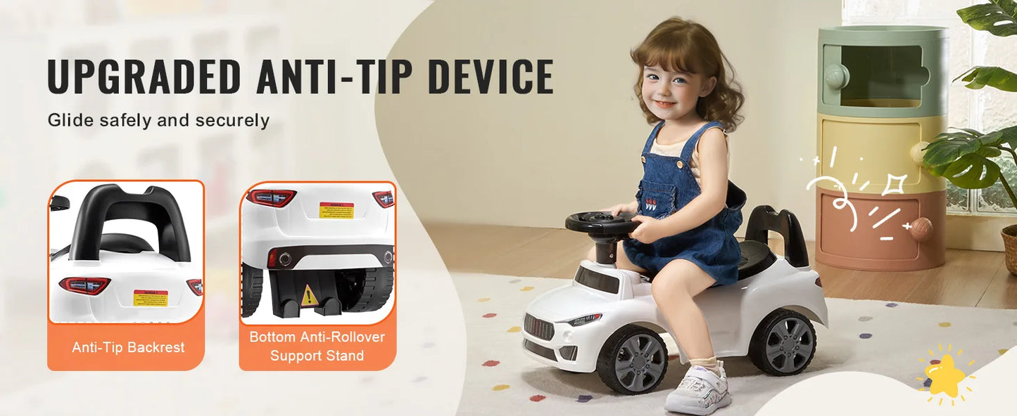 SucceBuy White Pink Ride On Push Car Classic Kids Sports Toy Car with Music Steering Wheel for Toddlers