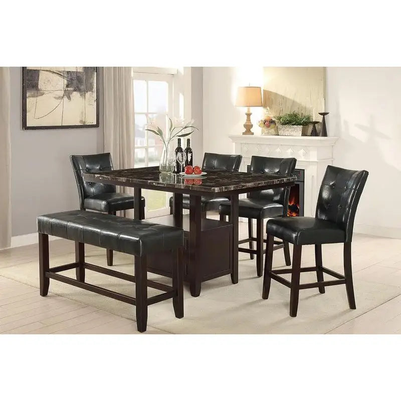 6 Piece Counter Height Dining Set With Faux Marble Table And Storage