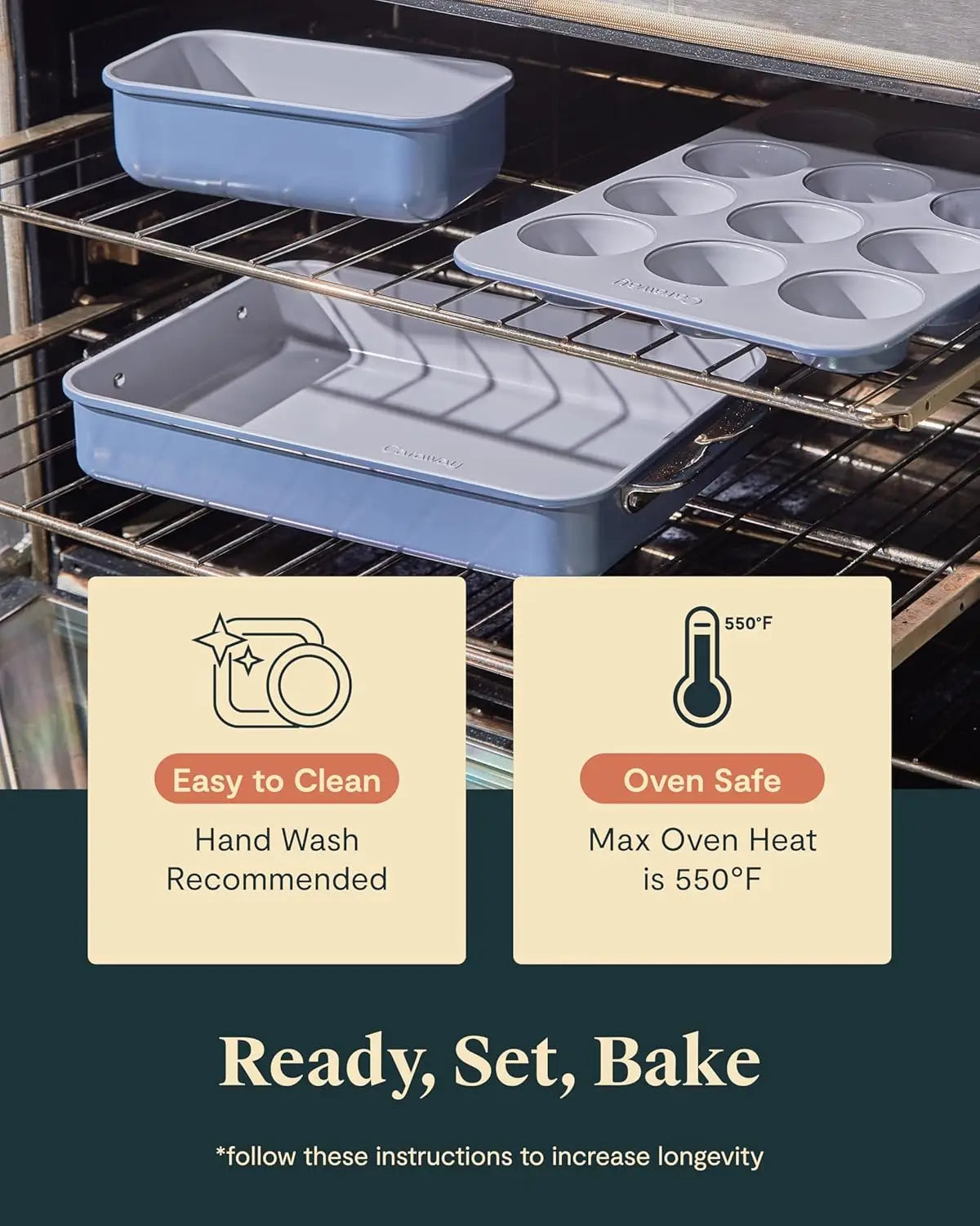 Nonstick Ceramic Bakeware Set 11 Pieces Baking Sheets Assorted Baking Pans Cooling Rack Storage Aluminized Steel Body Non Toxic PTFE PFOA Free Cream