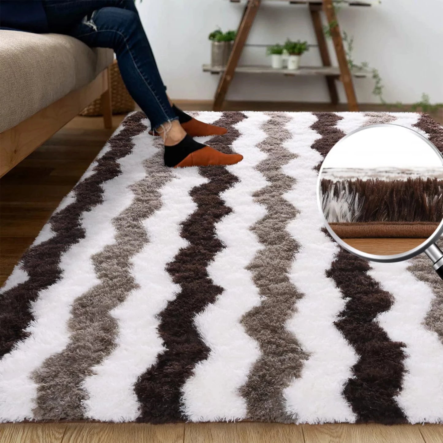 Soft Shaggy Rugs Plush Area Rugs for Living Room Bedroom Fluffy Carpets Home Decor 5x8ft Stripe Brown