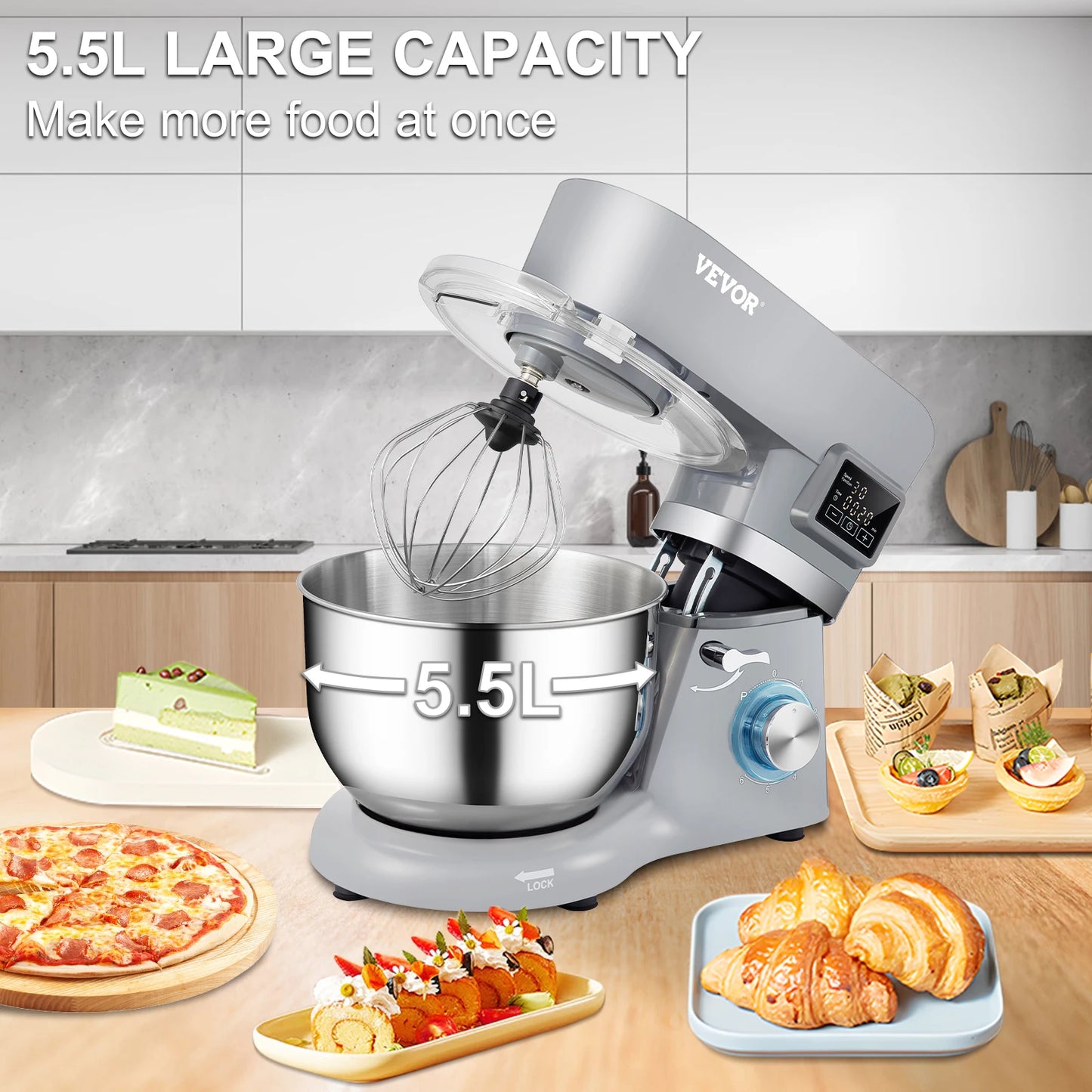 SucceBuy Electric Dough Mixer Stand Mixer with 6 Speeds LCD Touch Screen Timing 5.8 Quart Stainless Steel Bowl Dough Hook Flat Beater