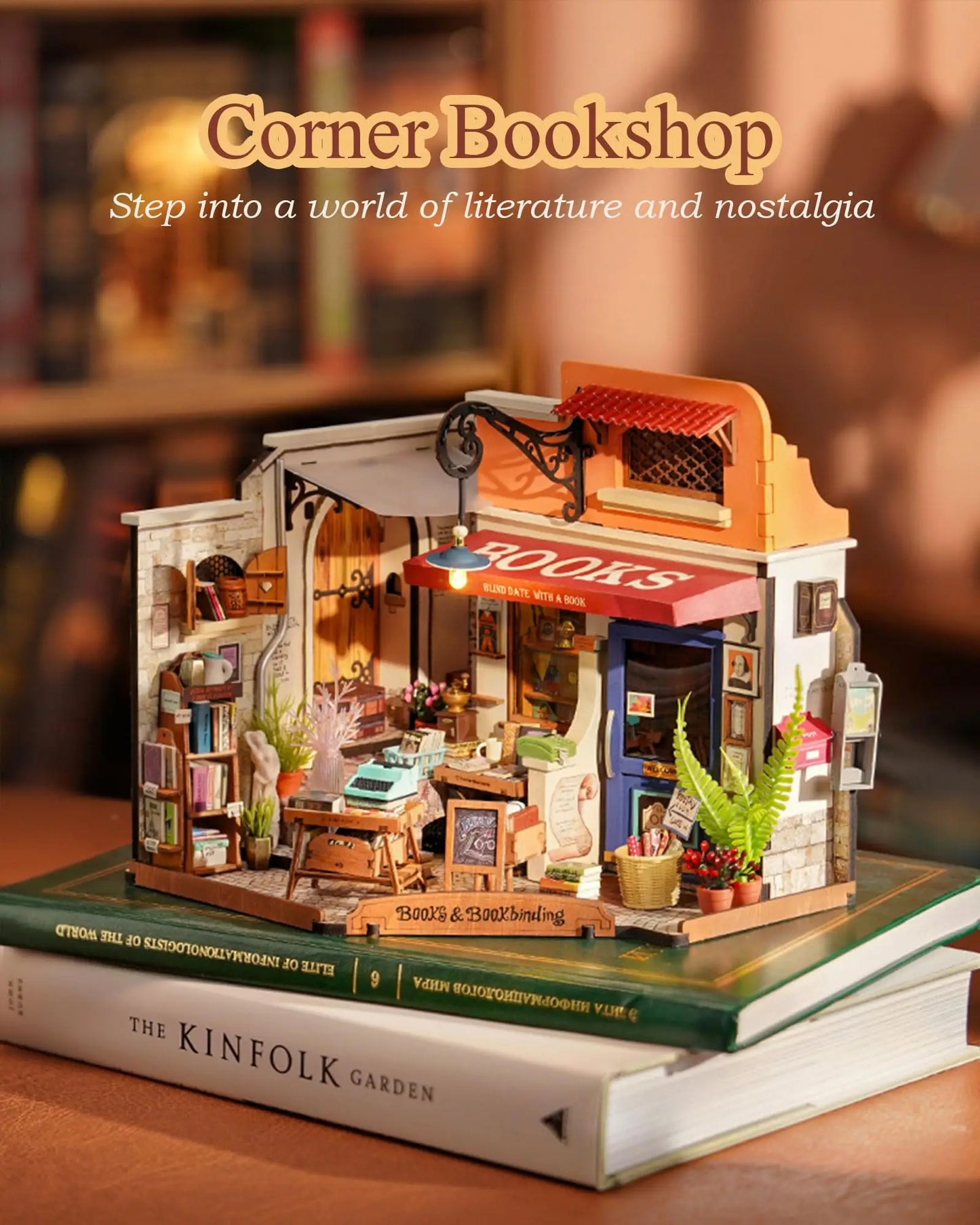 Robotime Miniature Dollhouse Kit Corner Bookstore With Led For DIY Craft