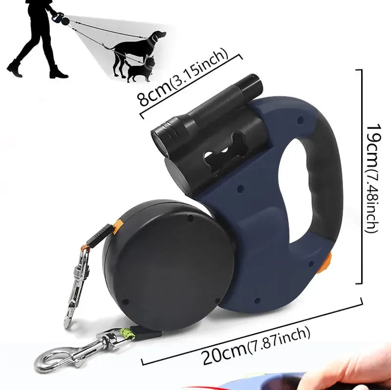 3In1 Double Head Retractable Dog Leash With Flashlight Poop Bag Dispenser