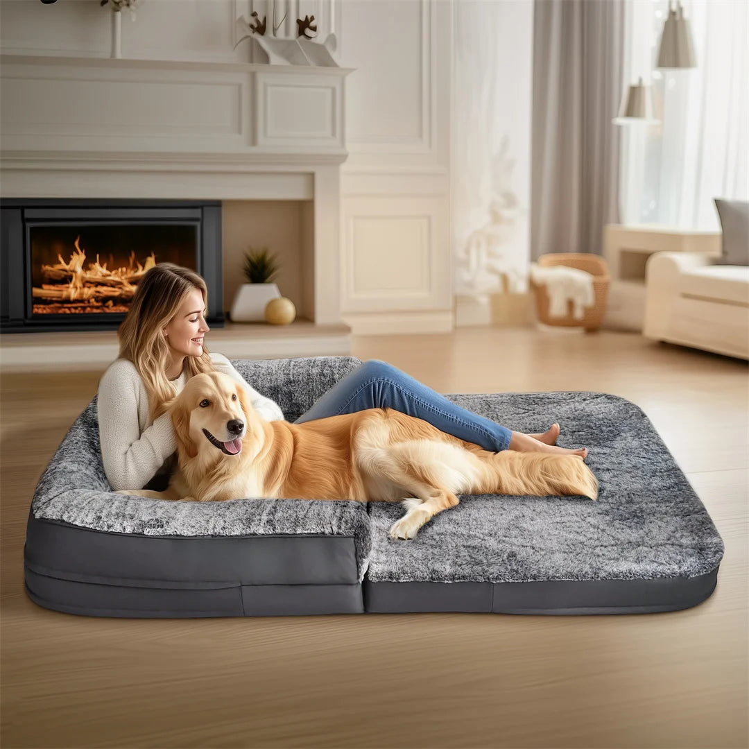 180cm Long Giant Dog Bed Foldable Calming Orthopedic Plush Coral Fleece Cover