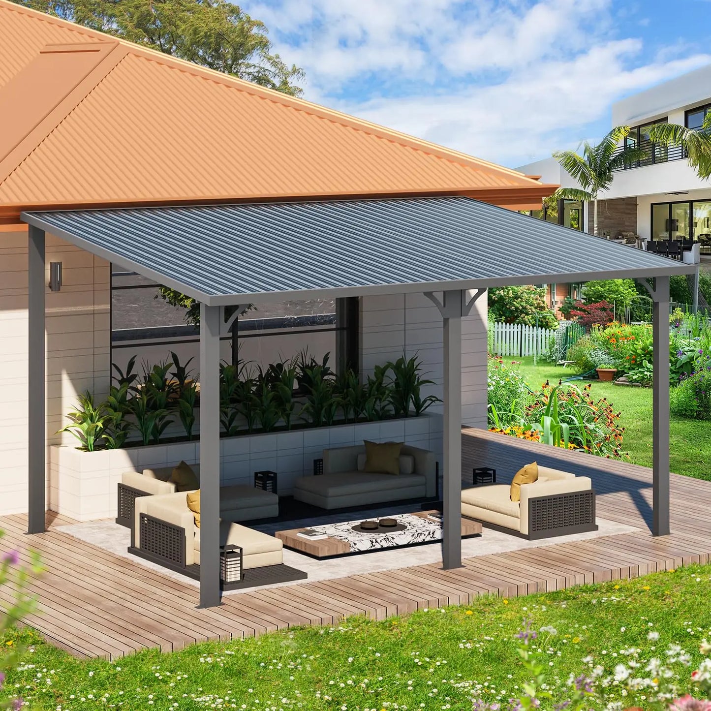 14x10 Patio Gazebo Hard Top Lean To Pergola Aluminum Frame 140 Sq Ft Shade