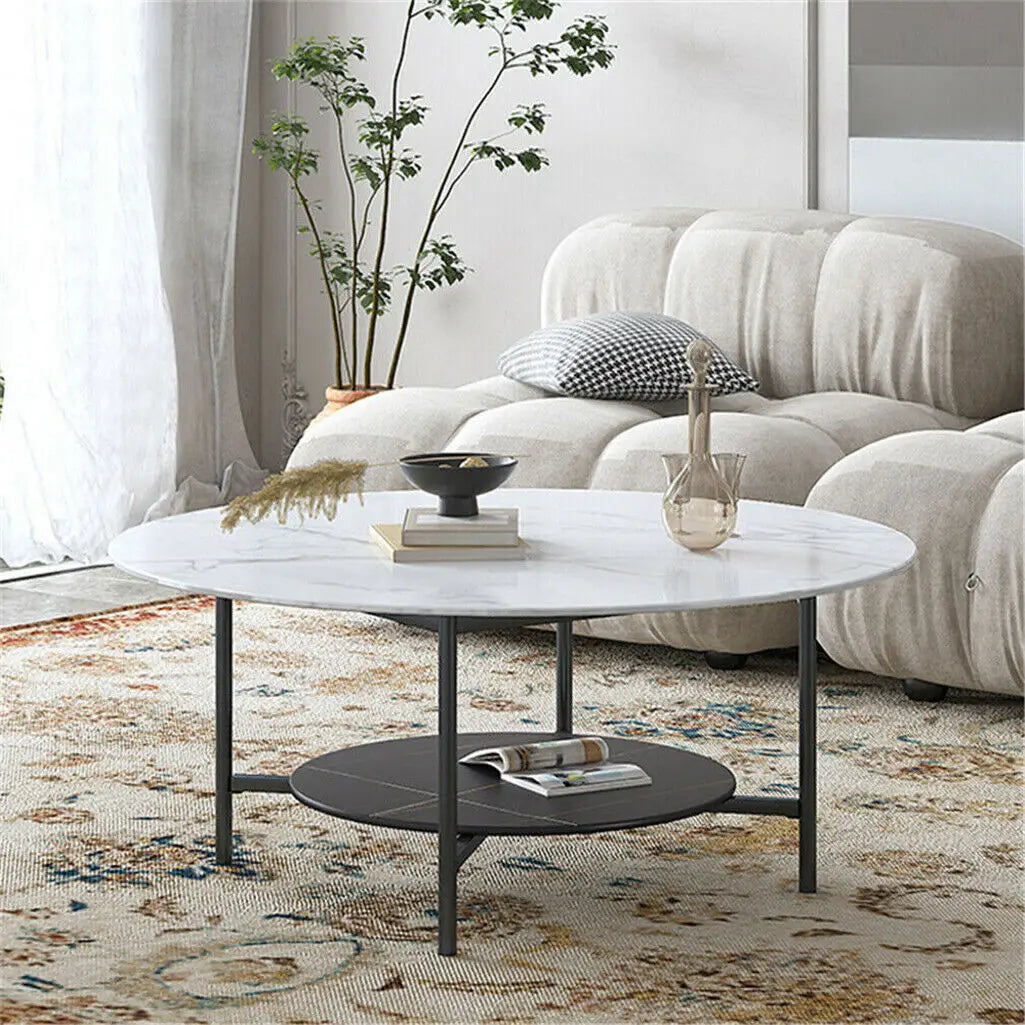 2 Tier Round Coffee Table Sintered Stone With Metal Frame