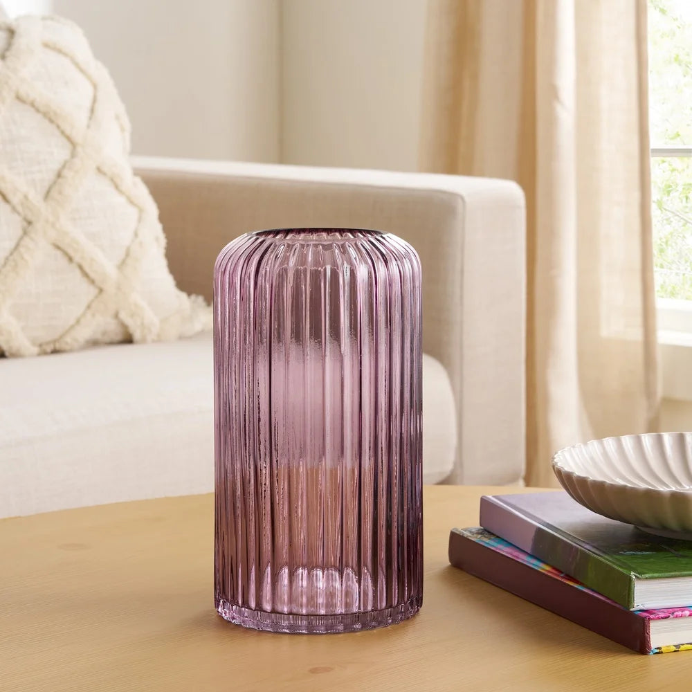 Modern Pink Ribbed Cylinder Glass Vase Tabletop Decor Stylish Home Accent Washable High Quality Glass Ideal For Flowers