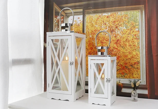 Farmhouse Wood Lantern With Tempered Glass And Steel Handle