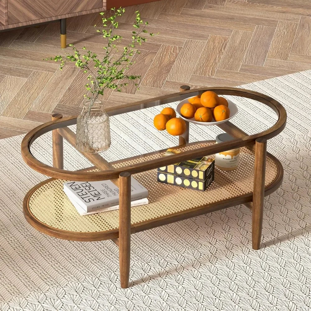 Rattan Coffee Table 2 Tier Acacia Wood With Glass Top Shelf