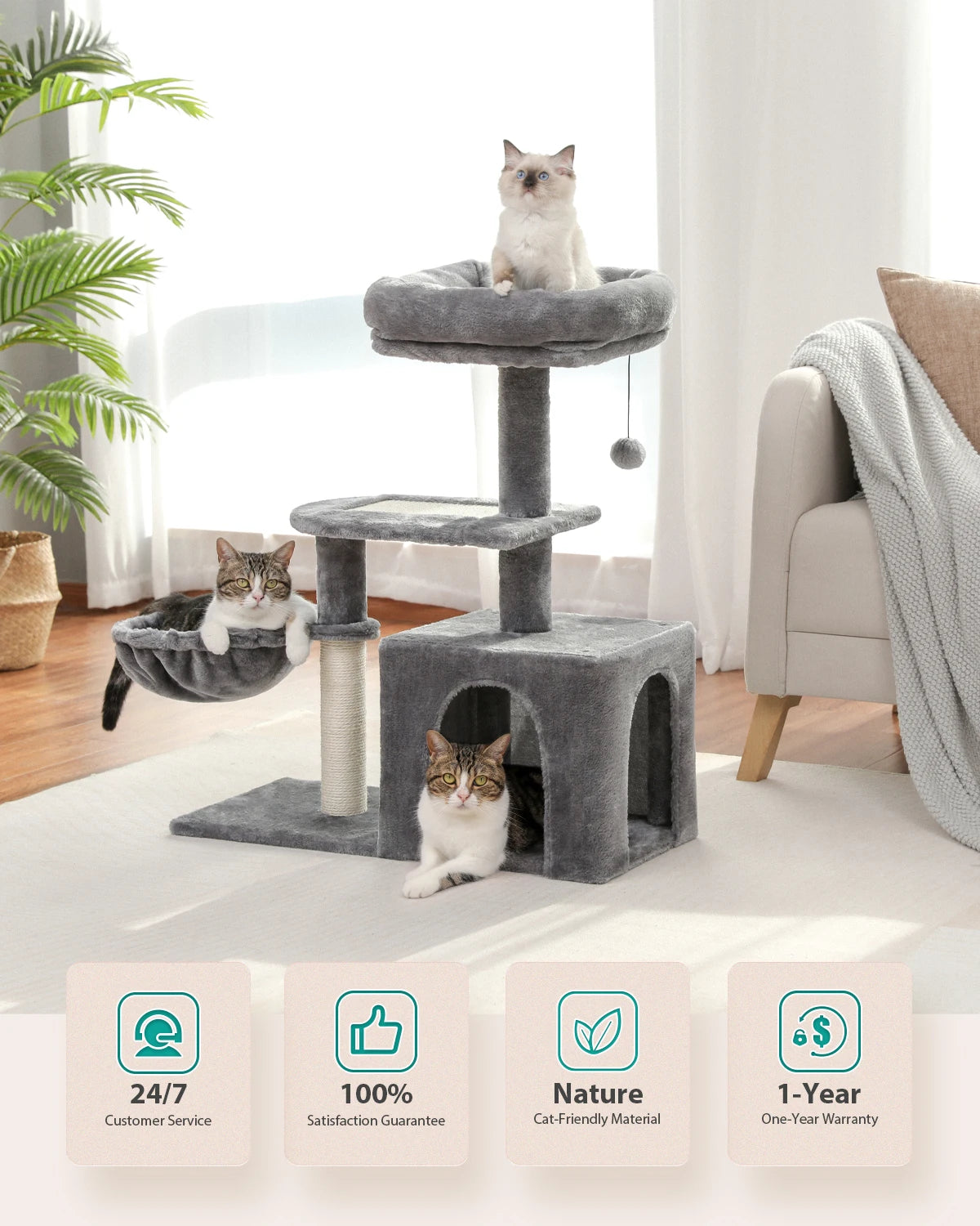 PAWZ Road Cat Tree Indoor 3 Tier Activity Tower With Scratching Posts Grey