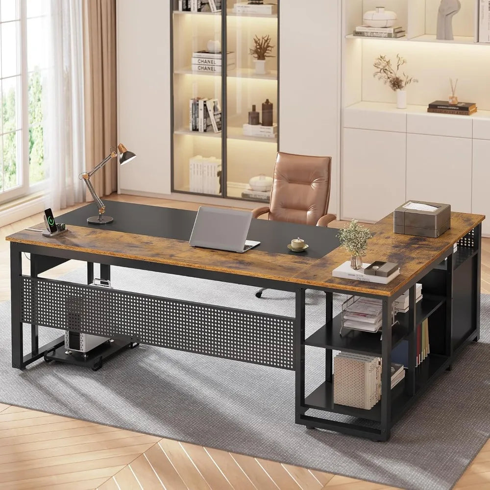 71 Inch Executive Desk With Power Outlets L Shaped Storage