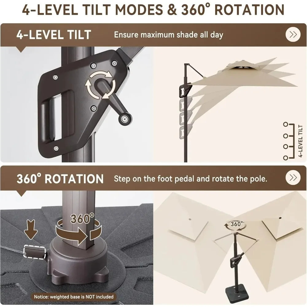 10x13 Ft Cantilever Outdoor Patio Umbrella With LED Lights Beige 360 Rotation