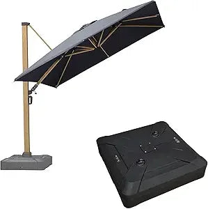 10ft Patio Cantilever Umbrella With Base Teak Finished Aluminum Frame Windproof