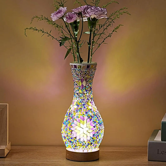Turkish Mosaic Moroccan Handmade Colored Glass USB LED Vase Table Lamp Creative Decorative Night Light for Bedroom Bedside Table
