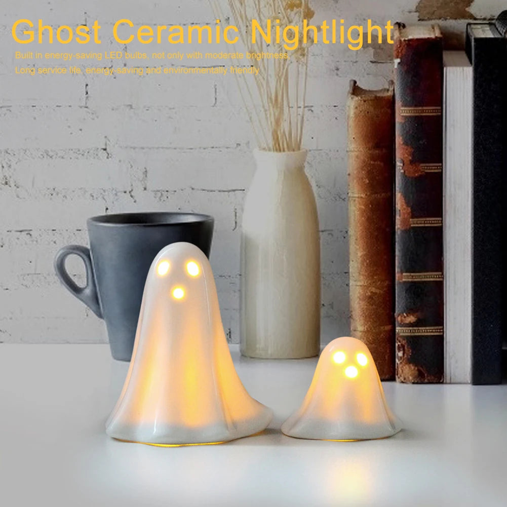 Halloween LED Light Up Ghost Decor Handmade Ceramic Ghost Sculpture Illuminated Desktop Decoration