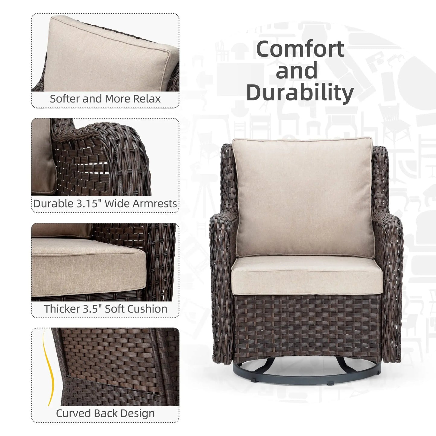 3 Piece Wicker Swivel Rocker Patio Set With Glass Side Table Outdoor Bistro