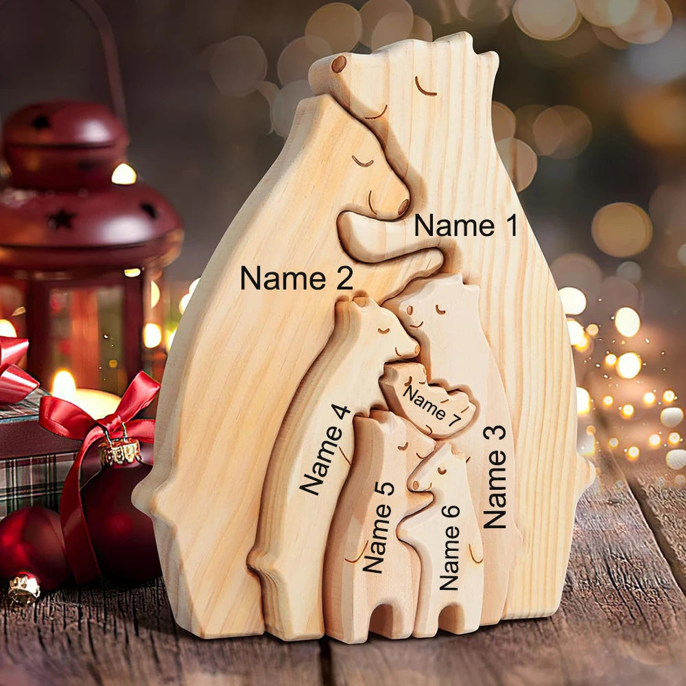 Personalized Custom Bear Family Wooden Puzzle DIY Free Engraving Name Sculpture Home Desk Decor Figurines Christmas Birthday Gift