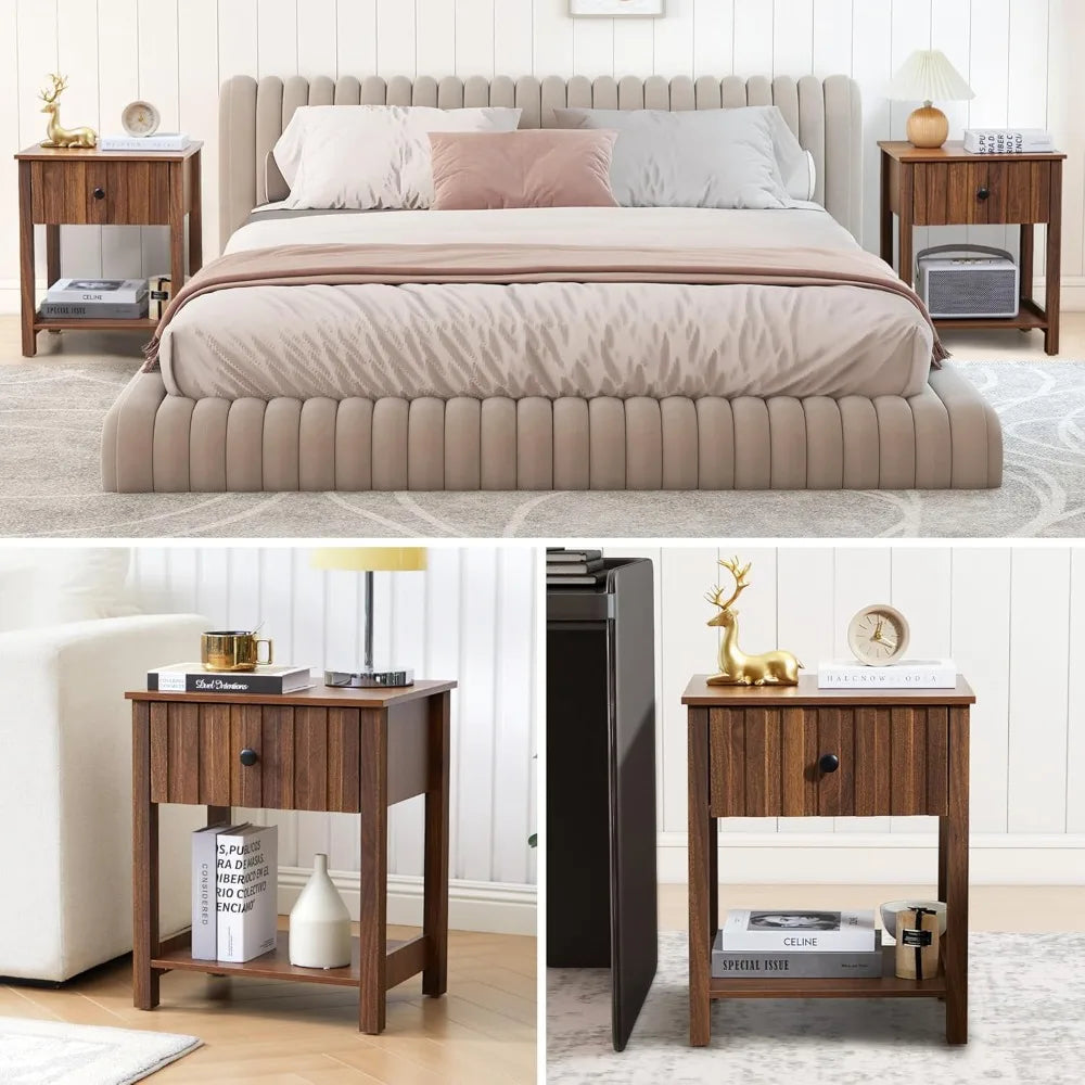 Wood Nightstand With Drawer Mid Century Bedside Table