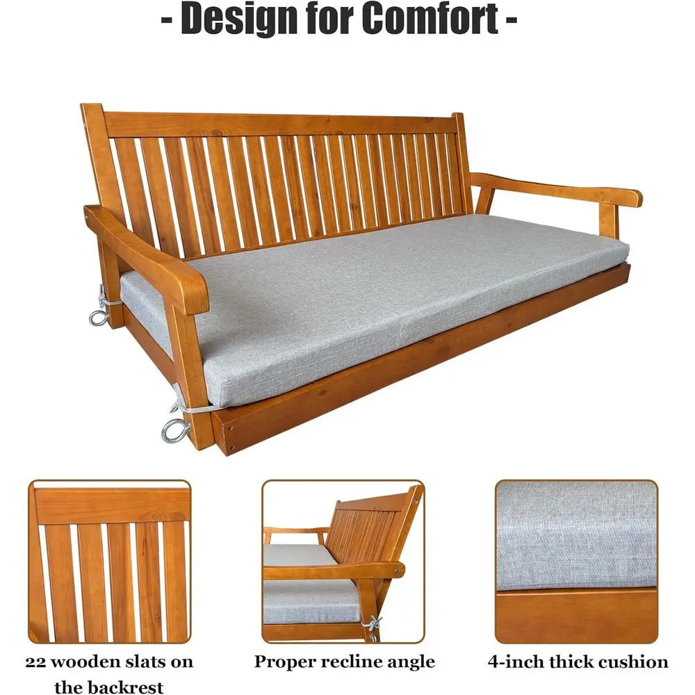 Teak Tone Porch Swing Bed With Cushion For Outdoor Patio Or Porch