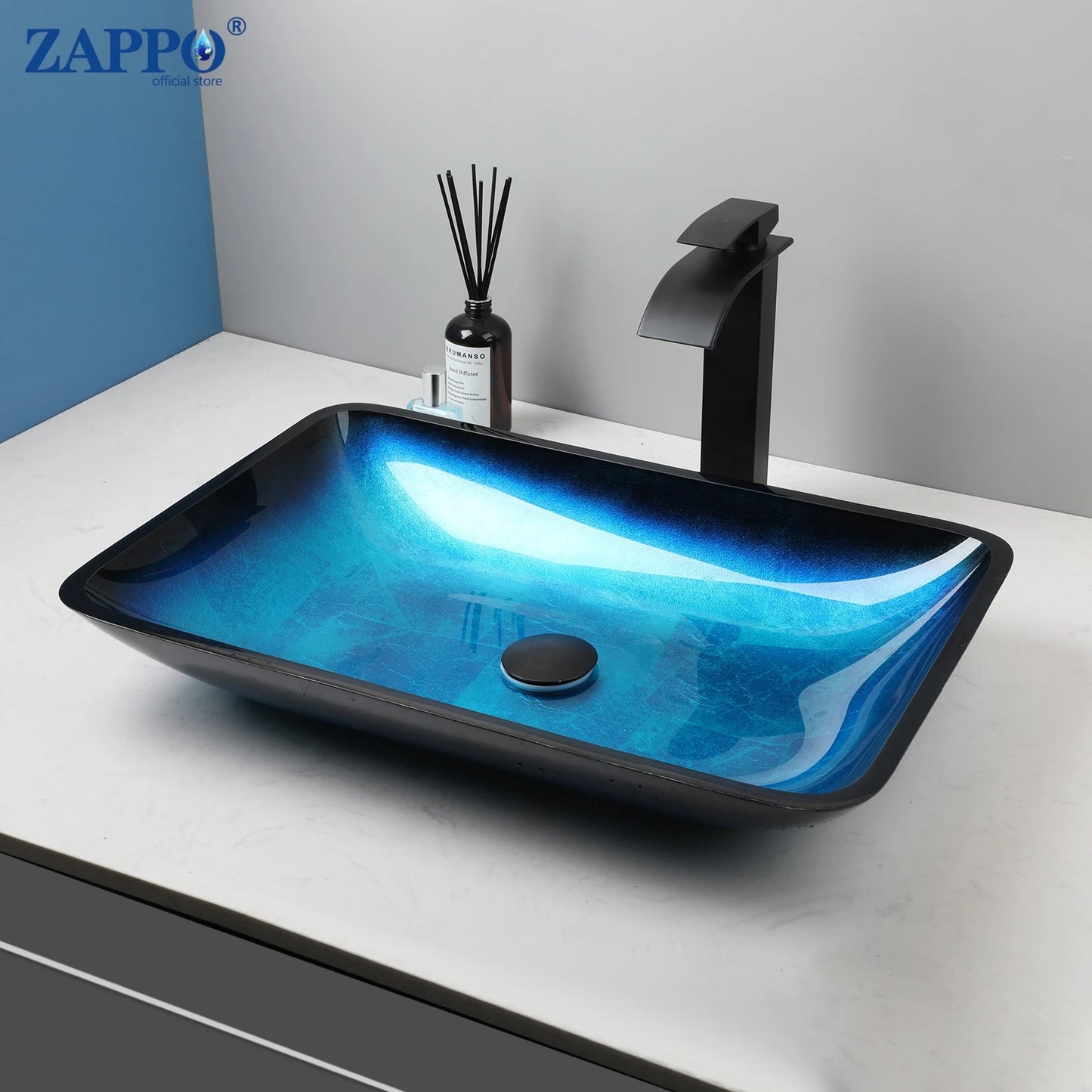 ZAPPO Tempered Glass Vessel Sink With Waterfall Faucet Blue