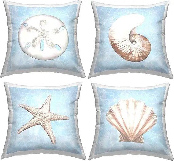 Aquatic Seashell Beach Water Design Throw Pillow Set of 4 18 x 18 Blue 100 Cotton