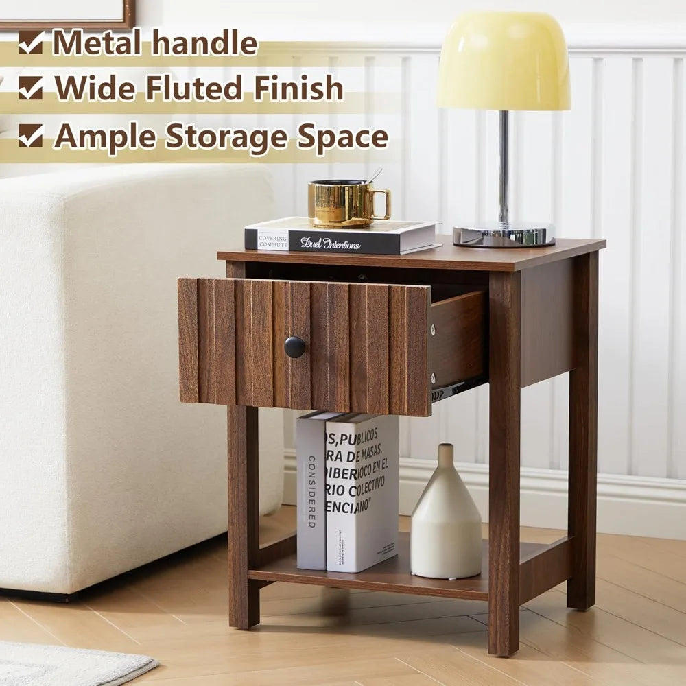 Wood Nightstand With Drawer Mid Century Bedside Table