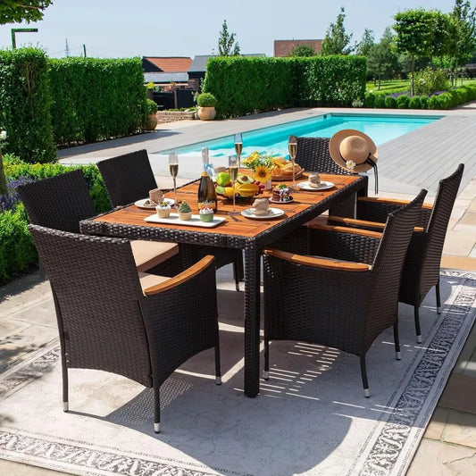 Outdoor 7 Piece Terrace Rattan Furniture Set With Lovewood Tabletop Black