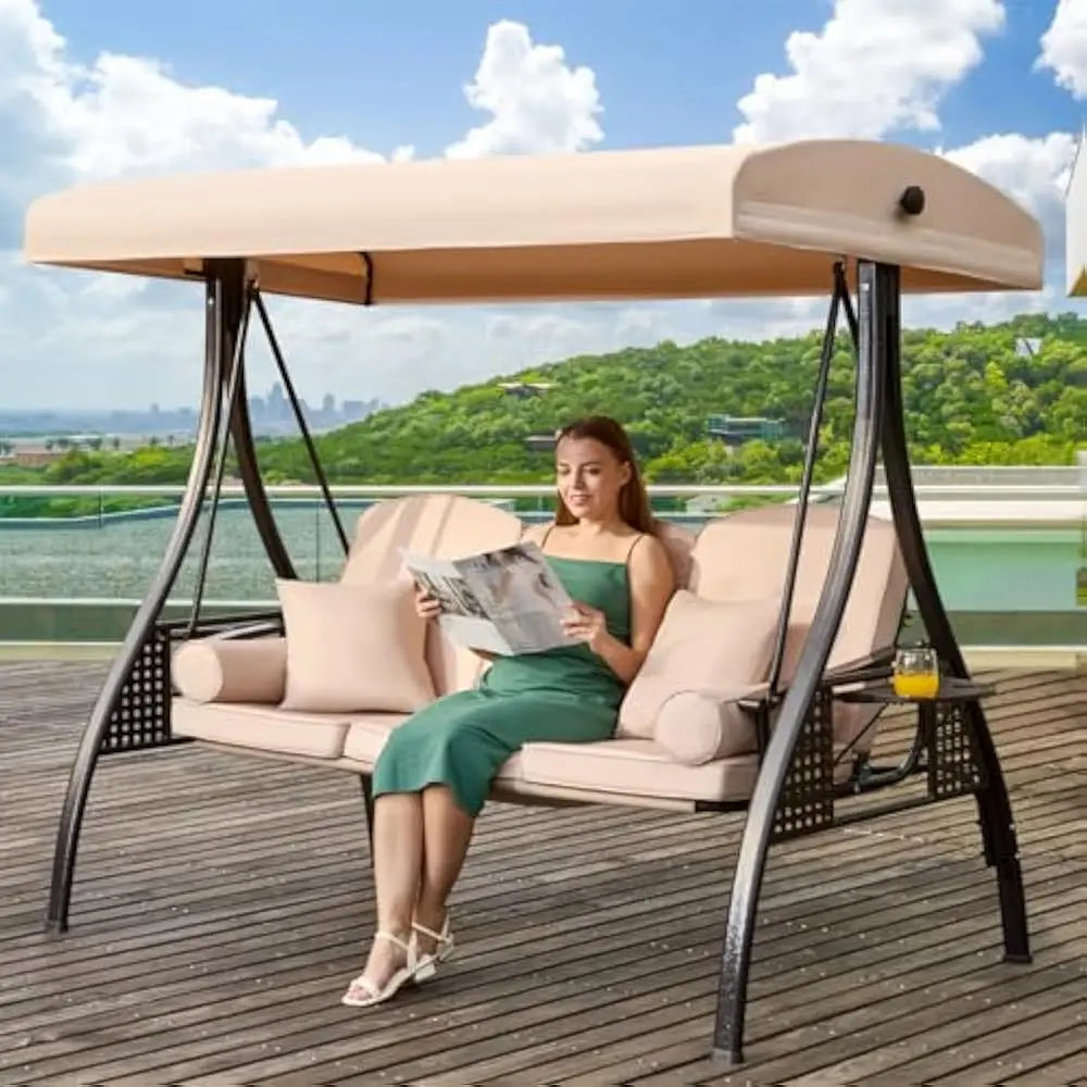 3 in 1 Outdoor Porch Swing With Adjustable Canopy 3-Seat Thick Cushions Pillows Cup Holders Heavy Duty Alloy Steel Frame 750 Lb Capacity