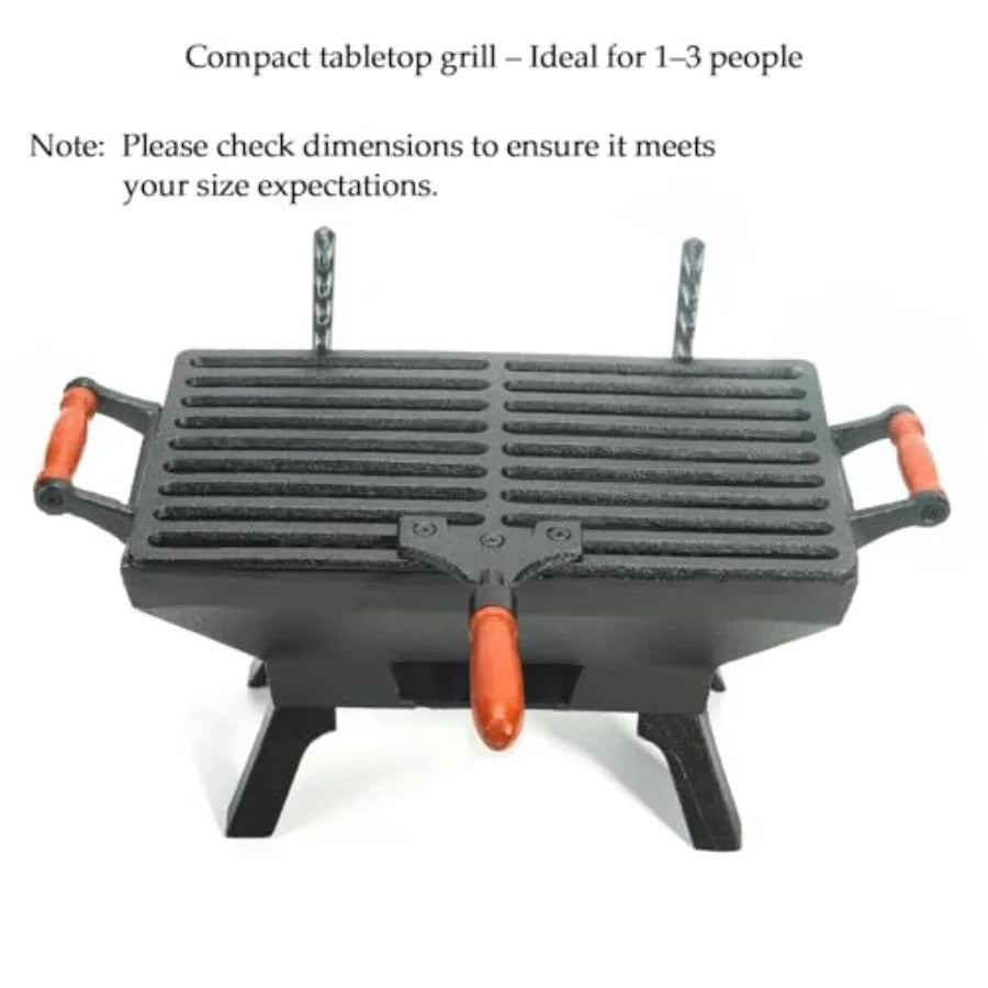 Compact Cast Iron Charcoal Grill 12 x 7 With Adjustable Grate And Wood Handles