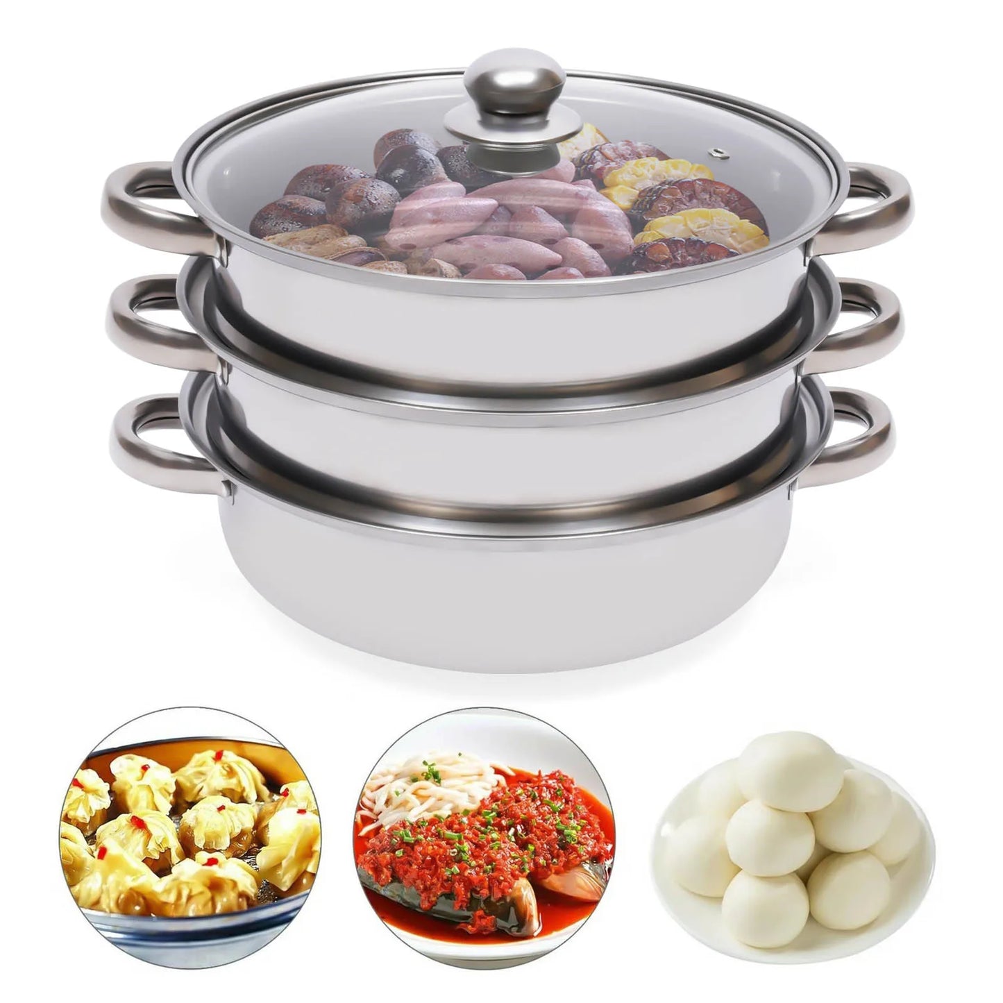 11 Inch 3 Tier Large Stainless Steel Steamer Pot Set with Glass Lid