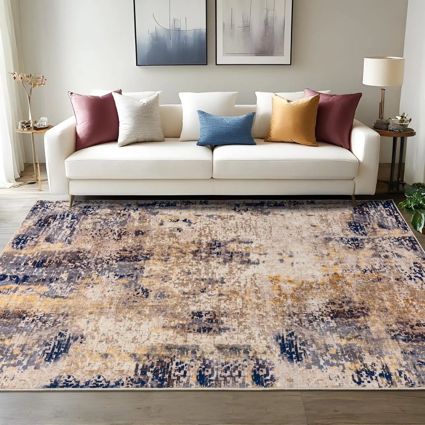 Living Room Area Rugs Soft Large Modern Abstract Boho Vintage Machine Washable Non Slip Carpet Low Pile Rug