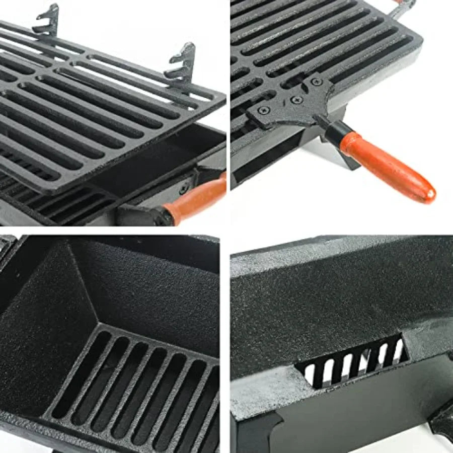 Compact Cast Iron Charcoal Grill 12 x 7 With Adjustable Grate And Wood Handles