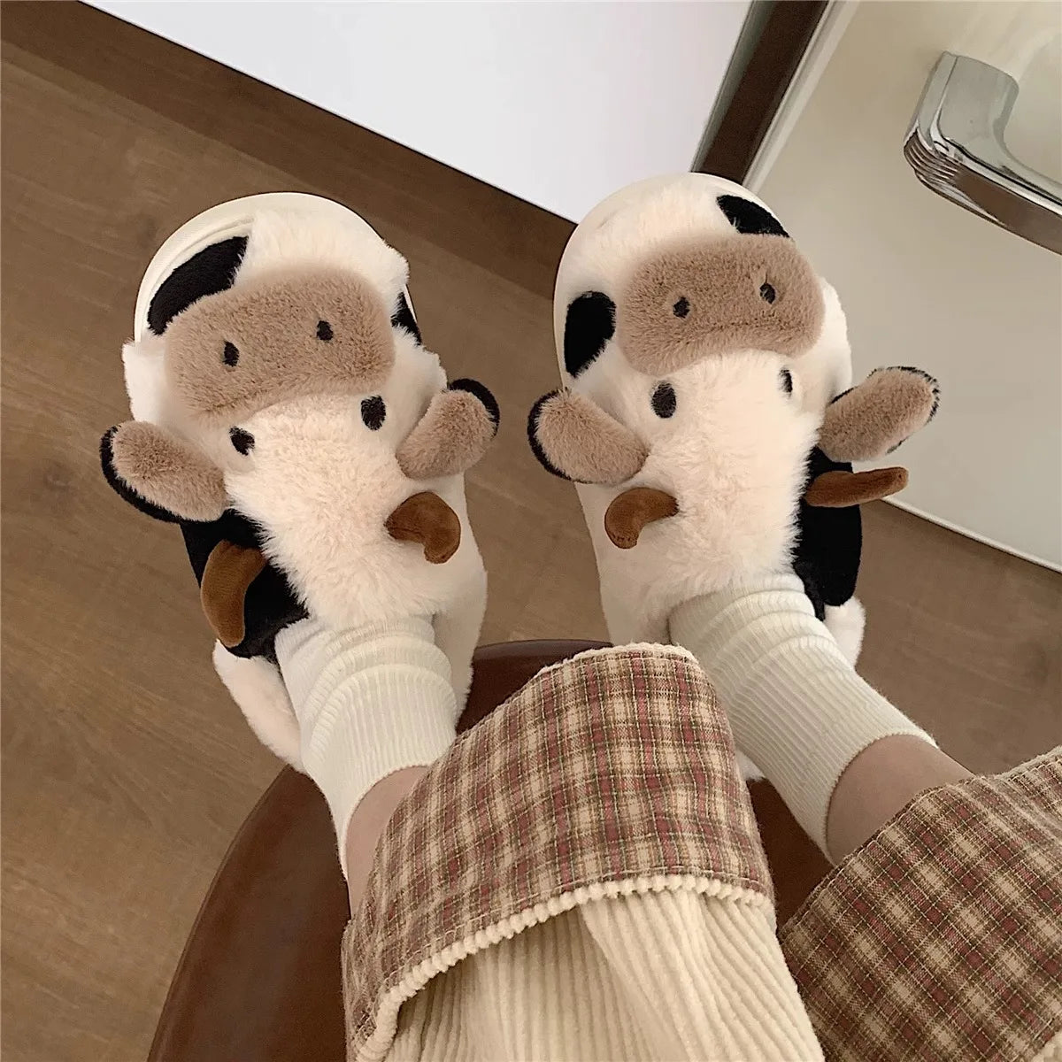 Ladies Winter Slippers Cute Cartoon Heart Animal Cow Fur Warm Anti Slip Indoor