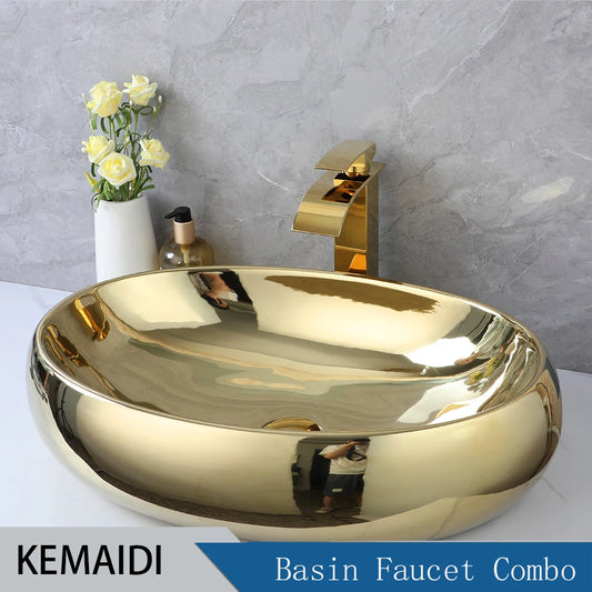 KEMAIDI 23In Oval Ceramic Vessel Sink Gold Waterfall Faucet