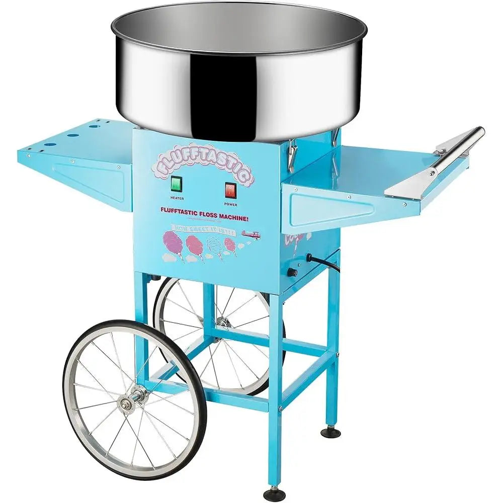 Cotton Candy Machine Cart 1000W Portable Floss Maker with Stainless Steel Pan Side Trays and 13 Inch Wheels for Parties and Events