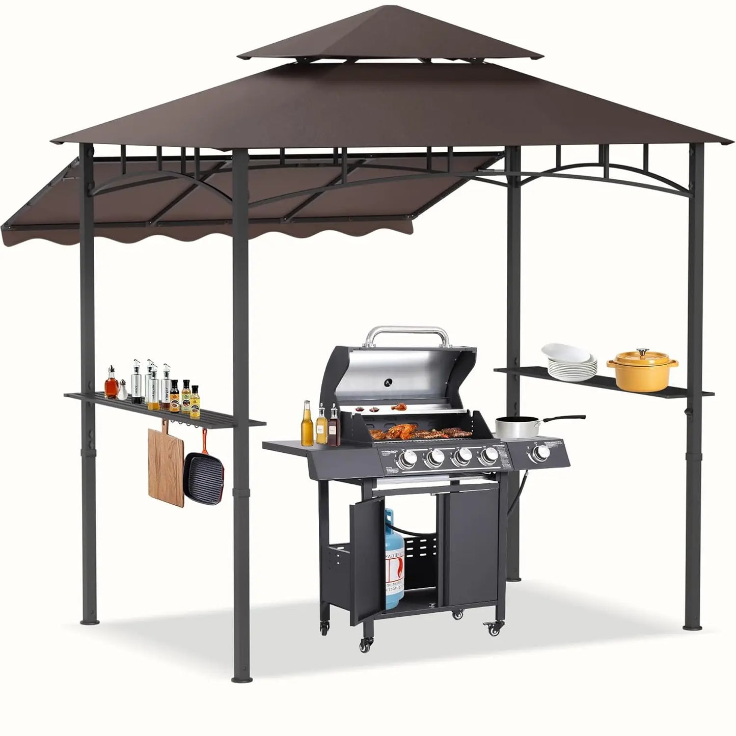 8x8x5 Ft BBQ Gazebo Double Tier Patio Canopy Tent With Side Awning Shelves
