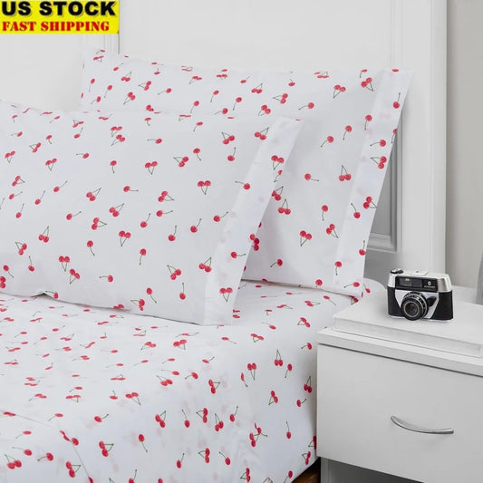 Cherries Cotton Percale Full Sheet Set Lightweight Breathable Fitted Flat Pillowcases Durable Elasticized Comfortable Bedding