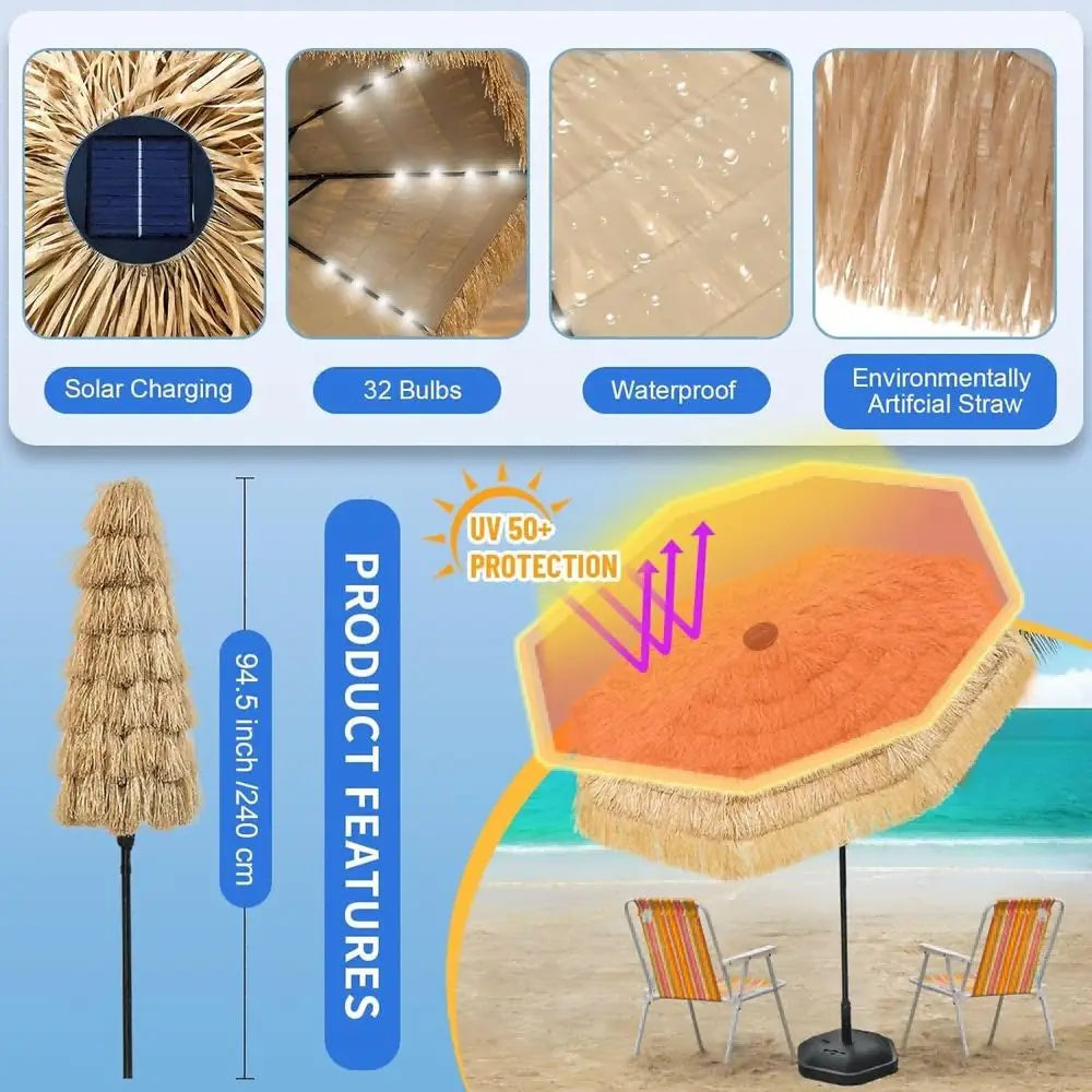 Hawaiian Inspired 9 Foot Solar Thatch Umbrella With 32 LEDs UPF 50 Plus Patios