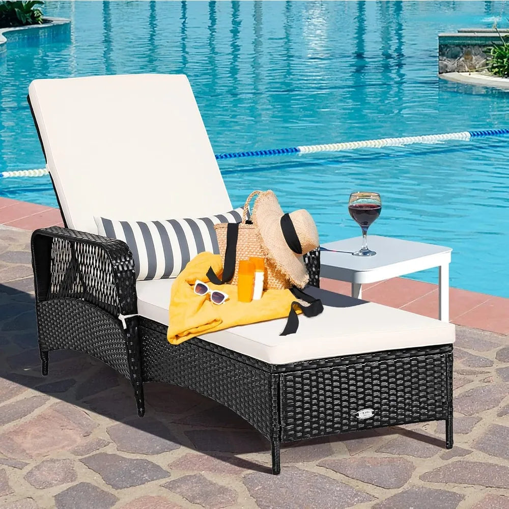 Wicker Chaise Lounge Outdoor Rattan With Adjustable Backrest Cushioned Pad