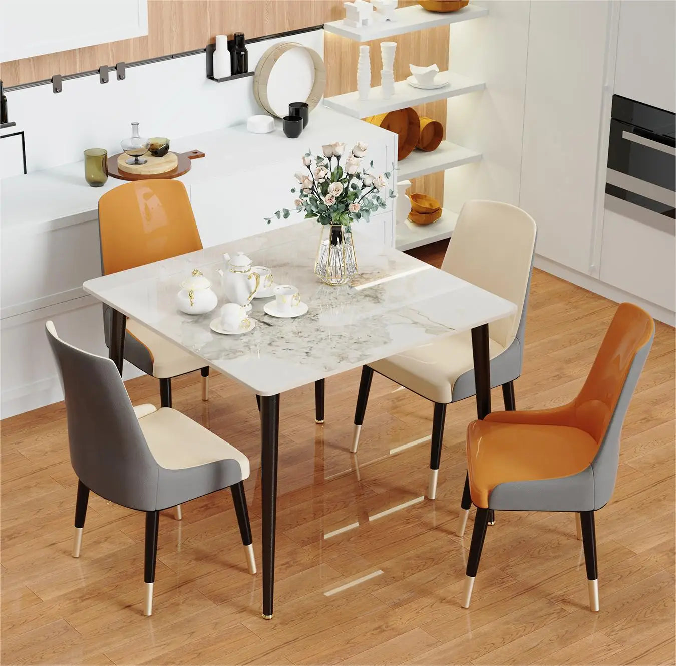 Square Marble Dining Table With Metal Legs For 4 To 6 Seats