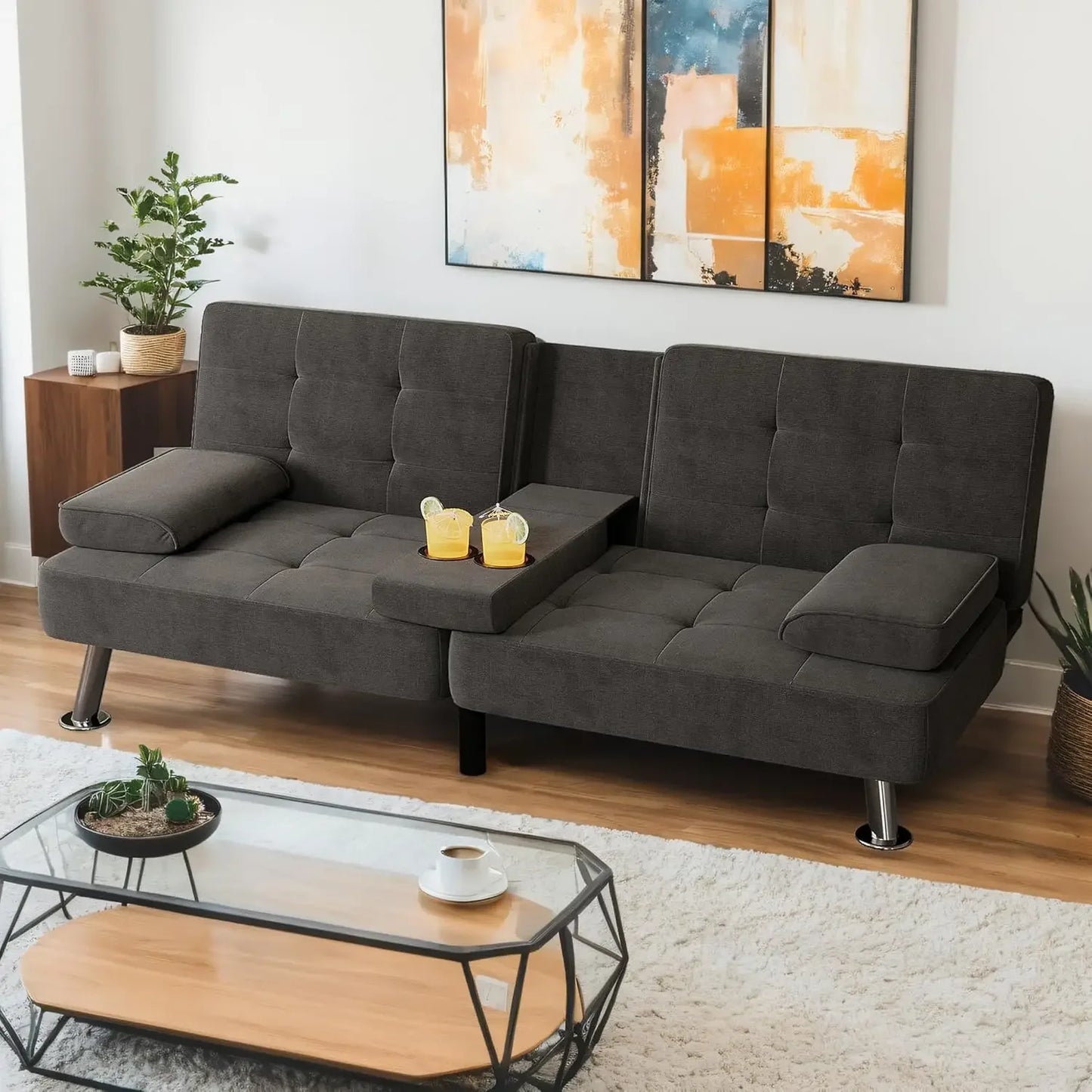 Modern Linen Upholstered Convertible Futon Sofa Cup Holders