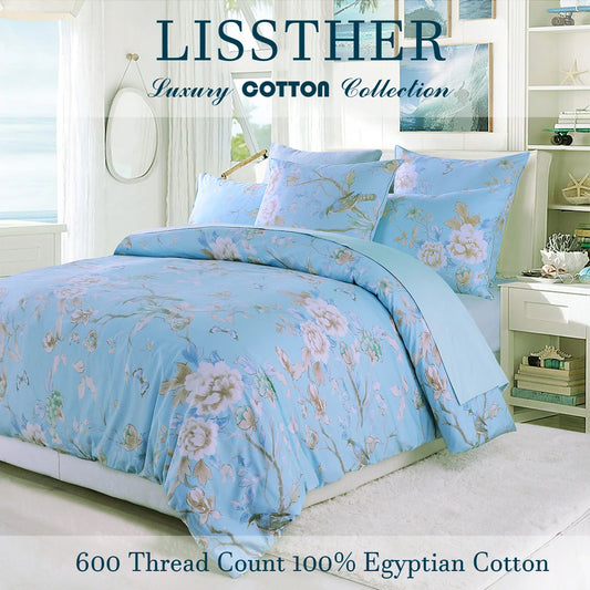 Egyptian Cotton Duvet Cover Set 3 Piece 600 Thread Count Blue Bird Floral