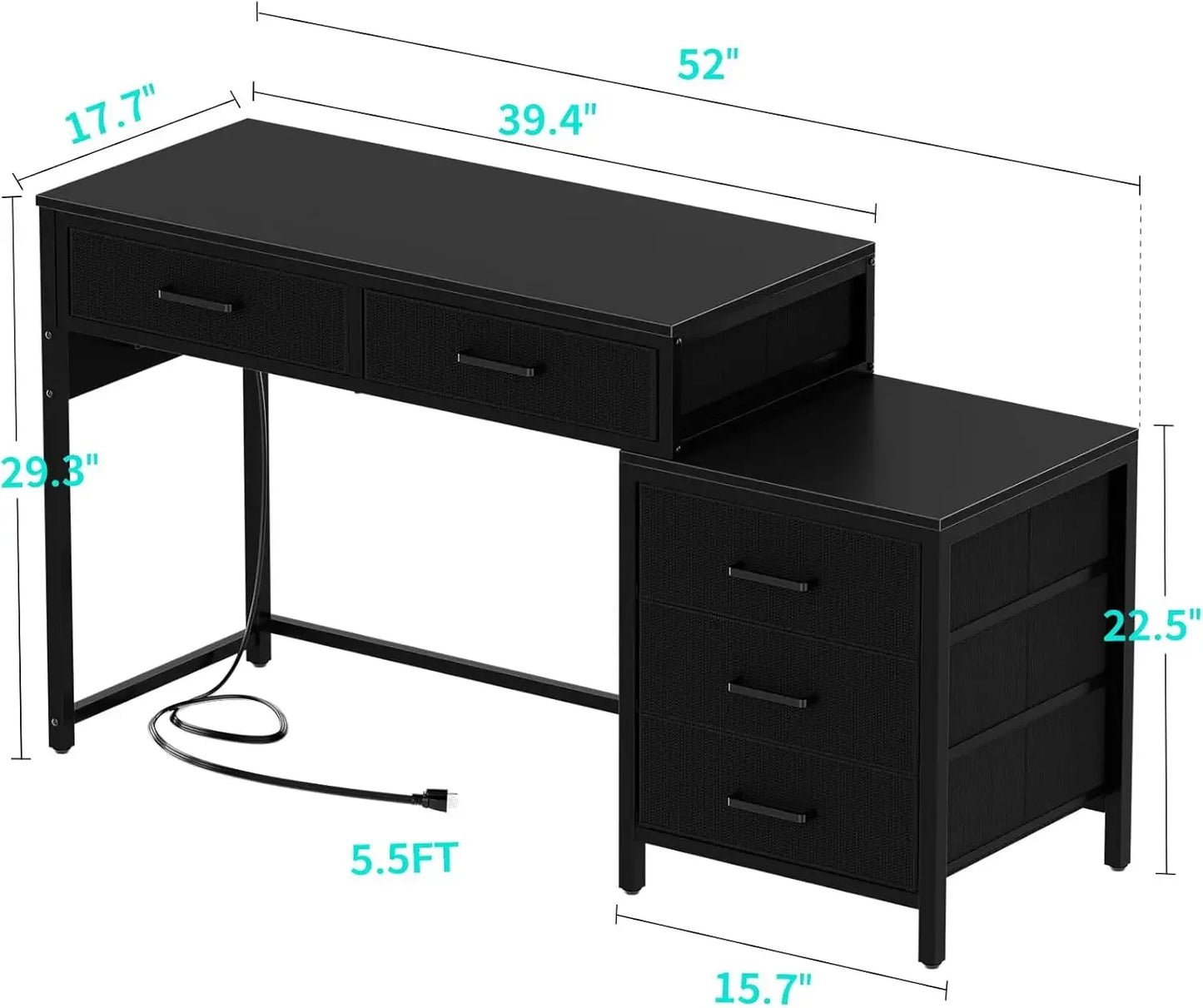 Reversible Computer Desk With 5 Drawers And USB Ports