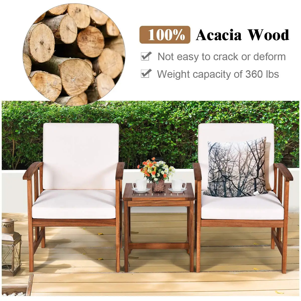 3 Piece Patio Furniture Set With Acacia Wood Cushioned Chairs And Coffee Table