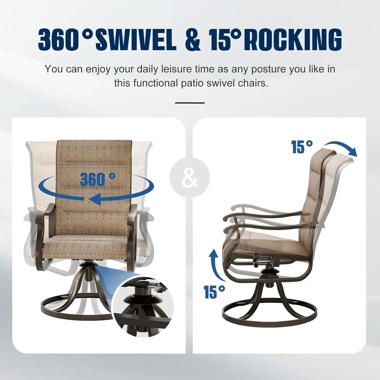 Patio Swivel Chairs Set Of 2 High Back Outdoor Wooden Frame With Padded Cushions