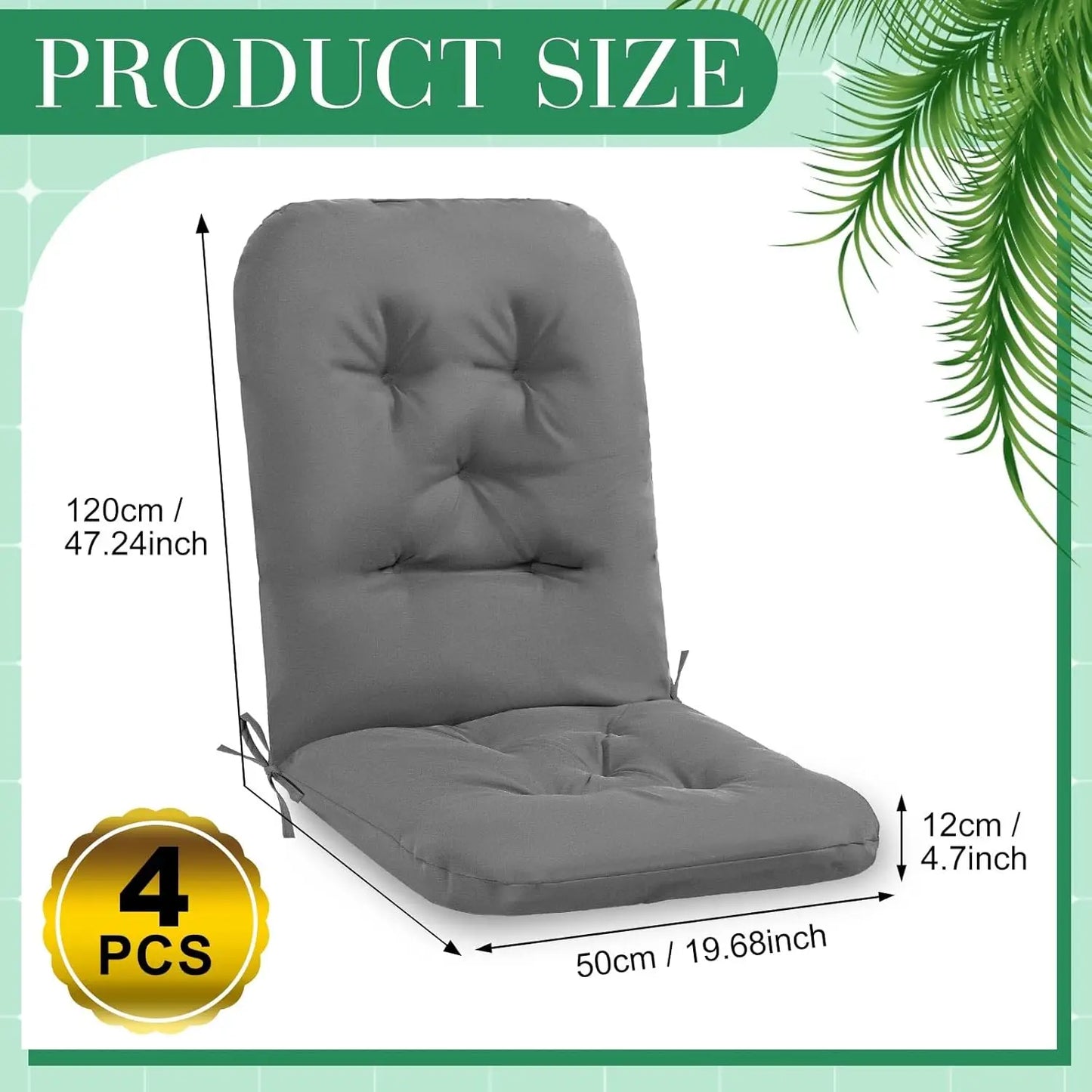 4 Set Outdoor High Back Chair Cushions 47 x 20 Inch Waterproof Fade Resistant Comfort Replacement Seat