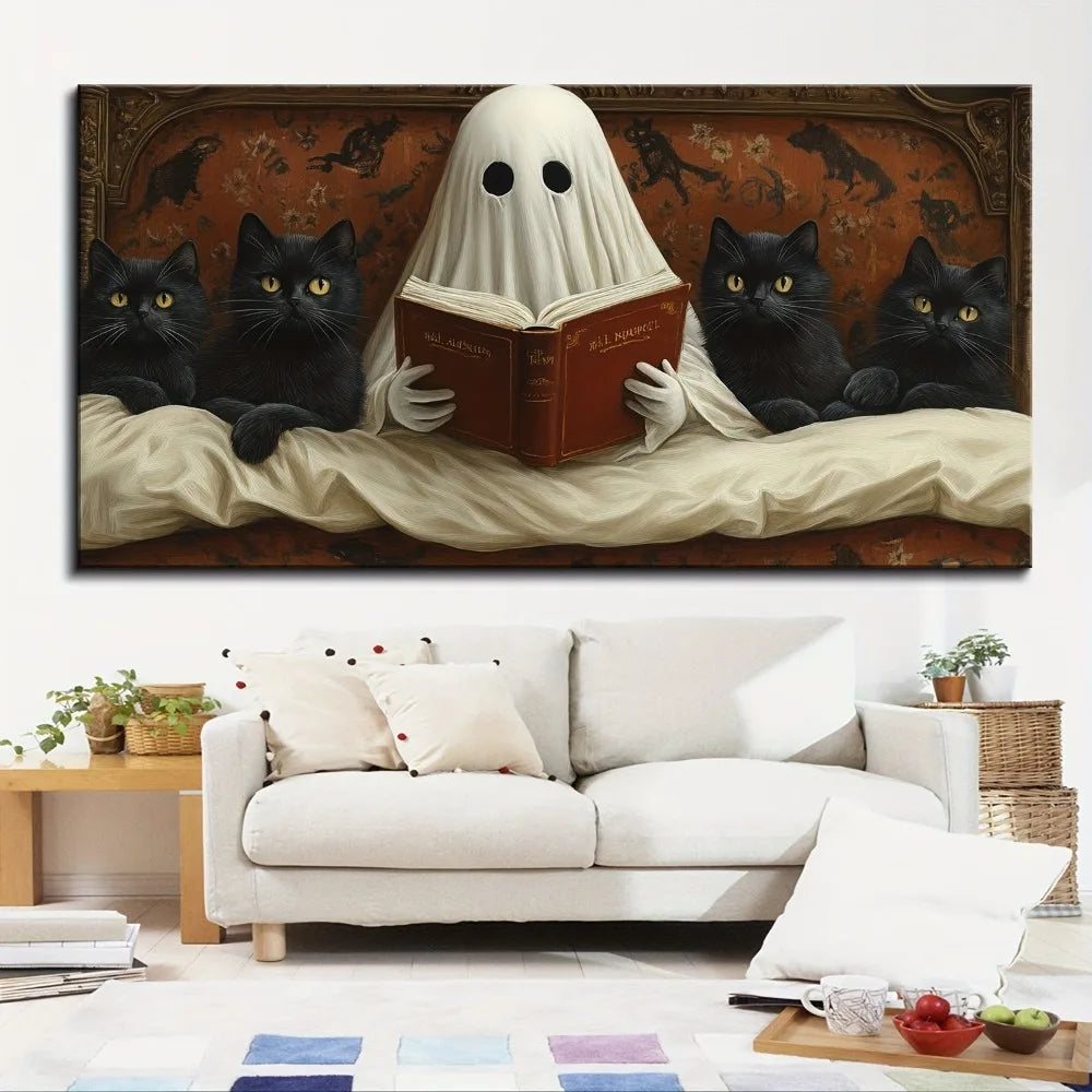 Pine Wood Frame Canvas Painting Ghost Reading In Bed Halloween Wall Decor
