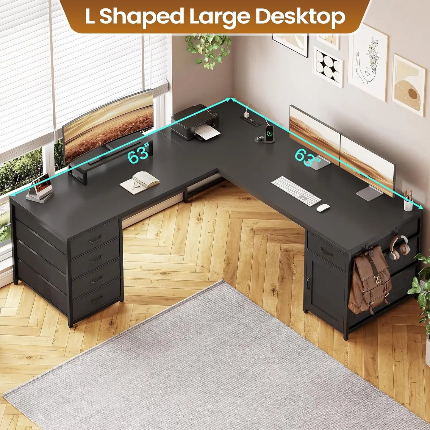 63 Inch L Shaped Corner Desk With 5 Drawers And Power Outlet For Home Office
