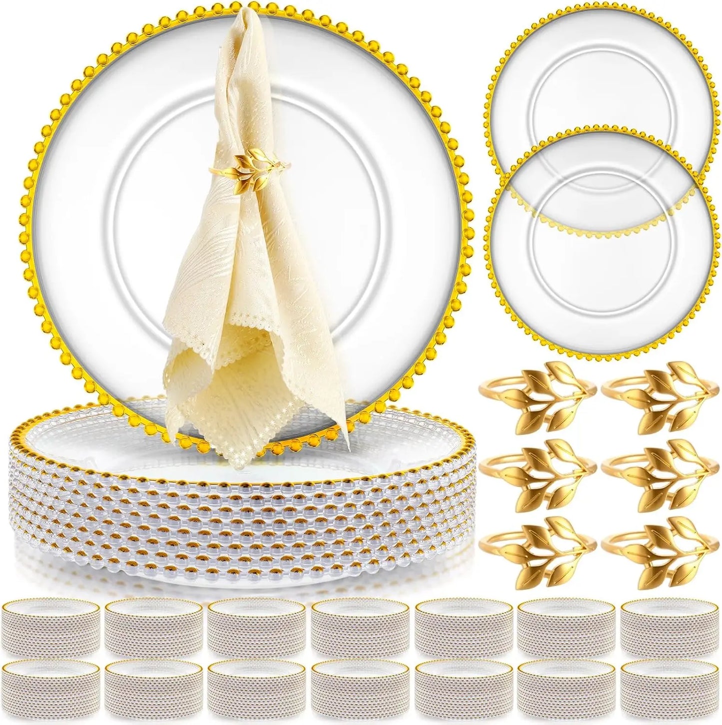 50 Set Clear Charger Plates Bulk 13 Inch Beaded Plastic Charger Plates with Napkin Rings Acrylic Round Dinner Table Decorative Plates for Party Wedding Thanksgiving