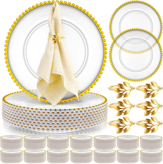 50 Set Clear Charger Plates Bulk 13 Inch Beaded Plastic Charger Plates with Napkin Rings Acrylic Round Dinner Table Decorative Plates for Party Wedding Thanksgiving